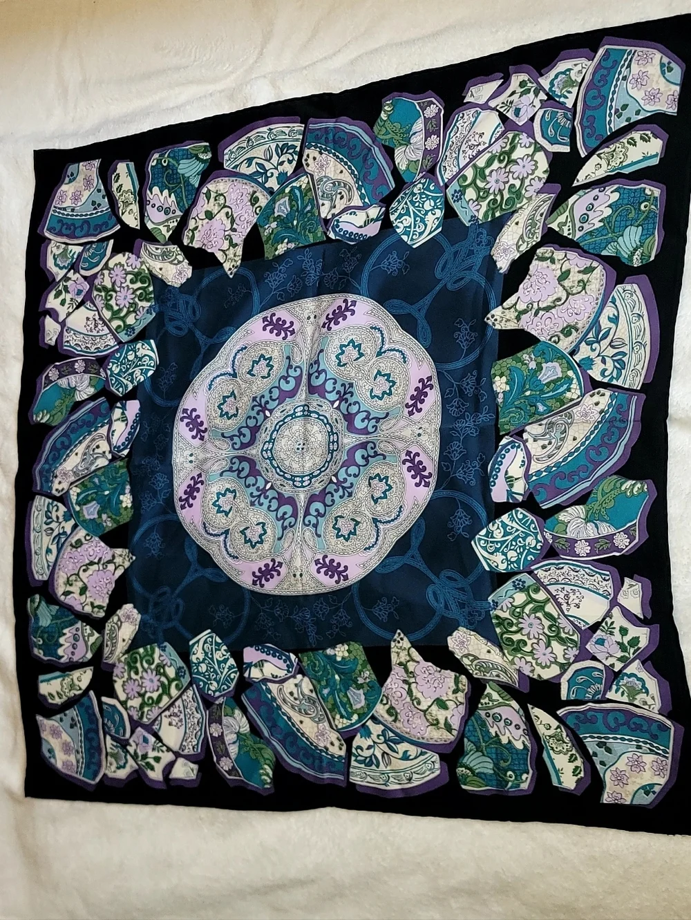 Vintage Chinese Pottery Print Blue Purple Hand Rolled Silk Scarf 26